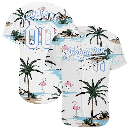 Custom White White-Light Blue 3D Pattern Design Hawaii Palm Trees Authentic Baseball Jersey - Main View
