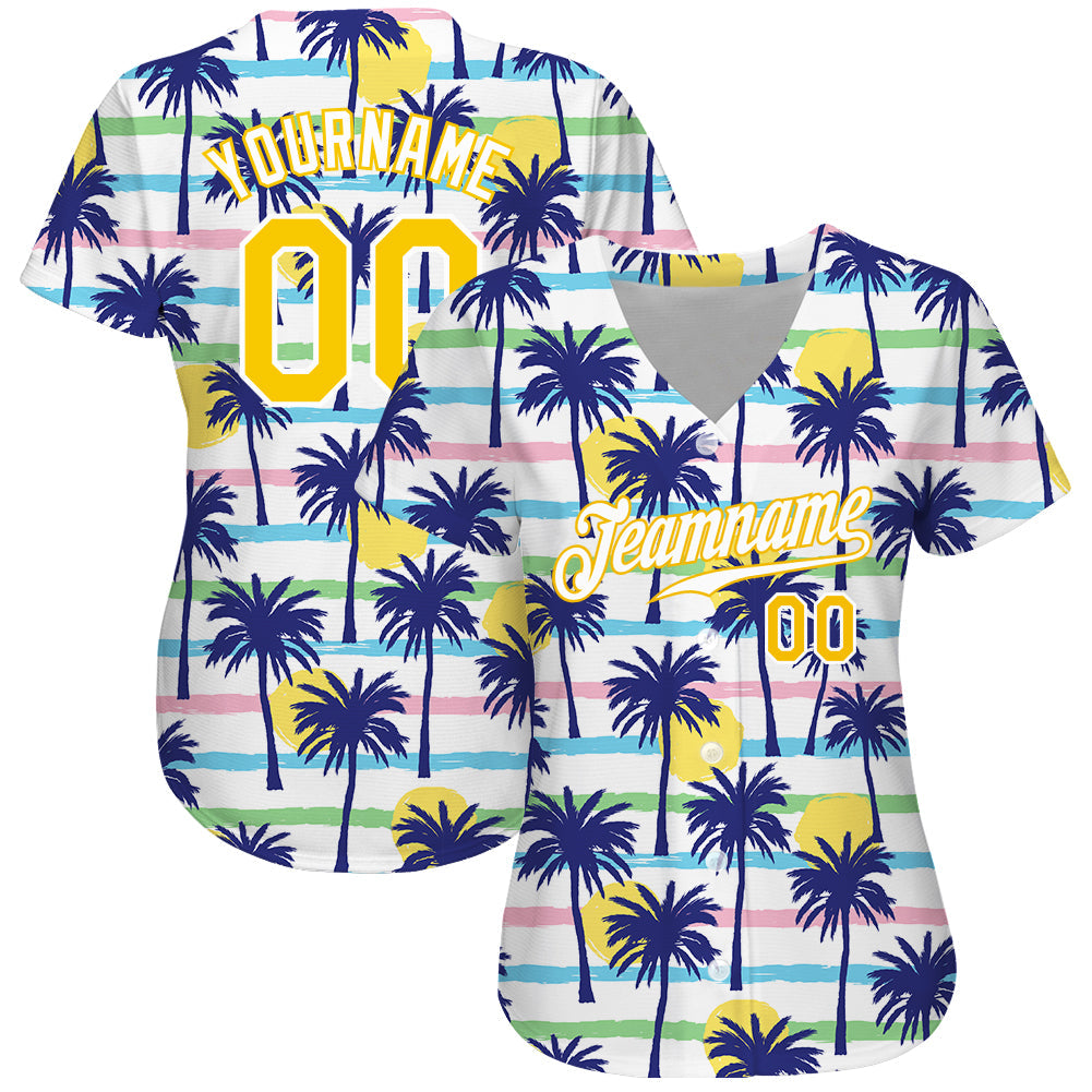 Custom White Gold-White 3D Pattern Design Hawaii Palm Trees Authentic Baseball Jersey view 2