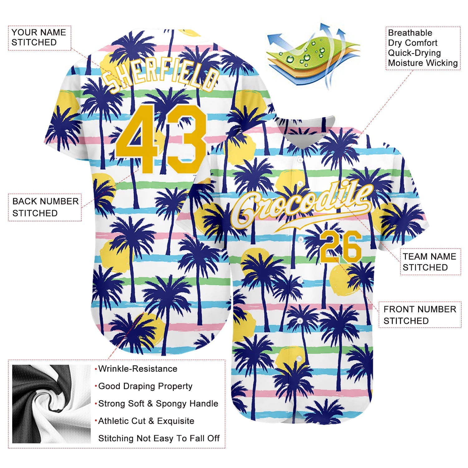 Custom White Gold-White 3D Pattern Design Hawaii Palm Trees Authentic Baseball Jersey view 3
