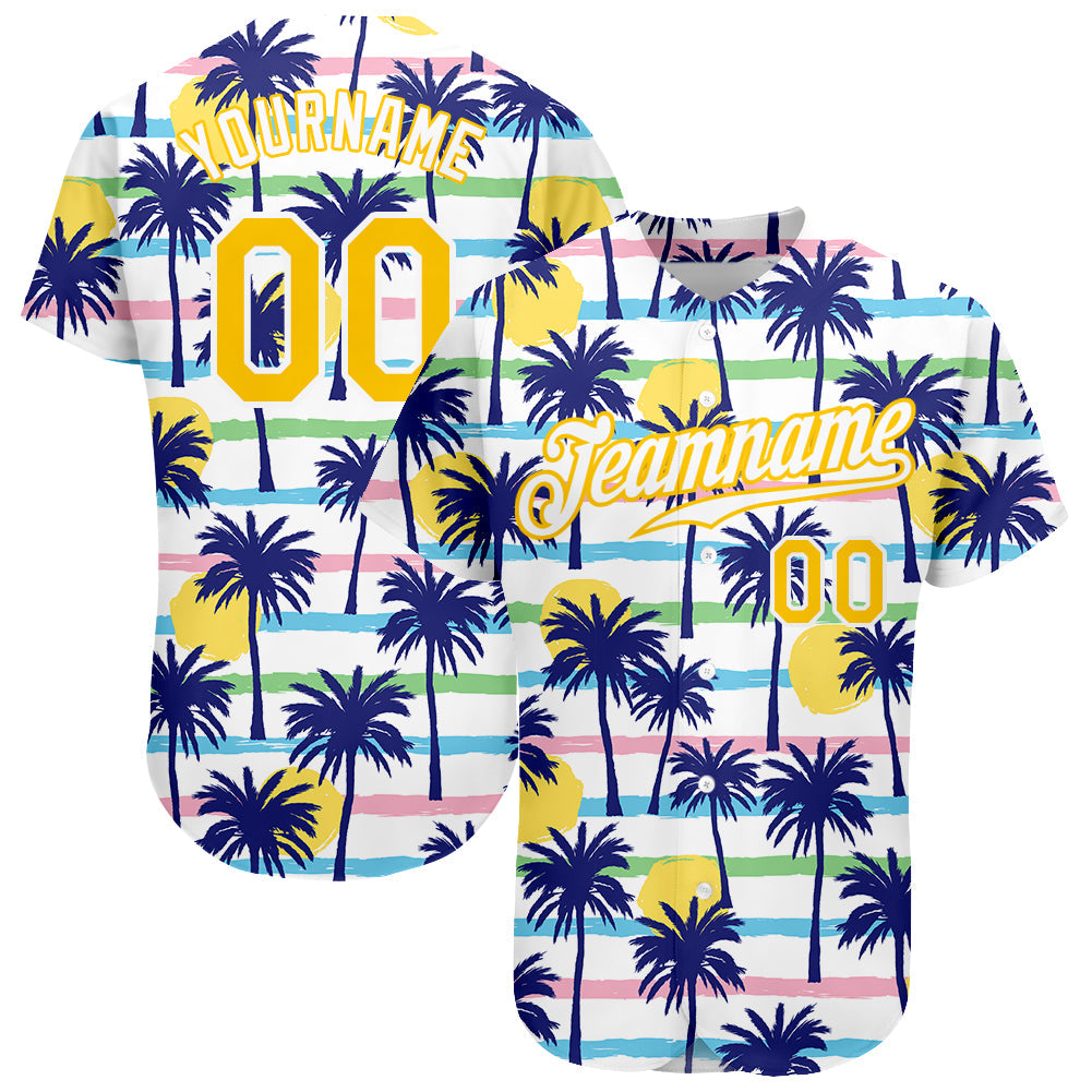 Custom White Gold-White 3D Pattern Design Hawaii Palm Trees Authentic Baseball Jersey - Main View