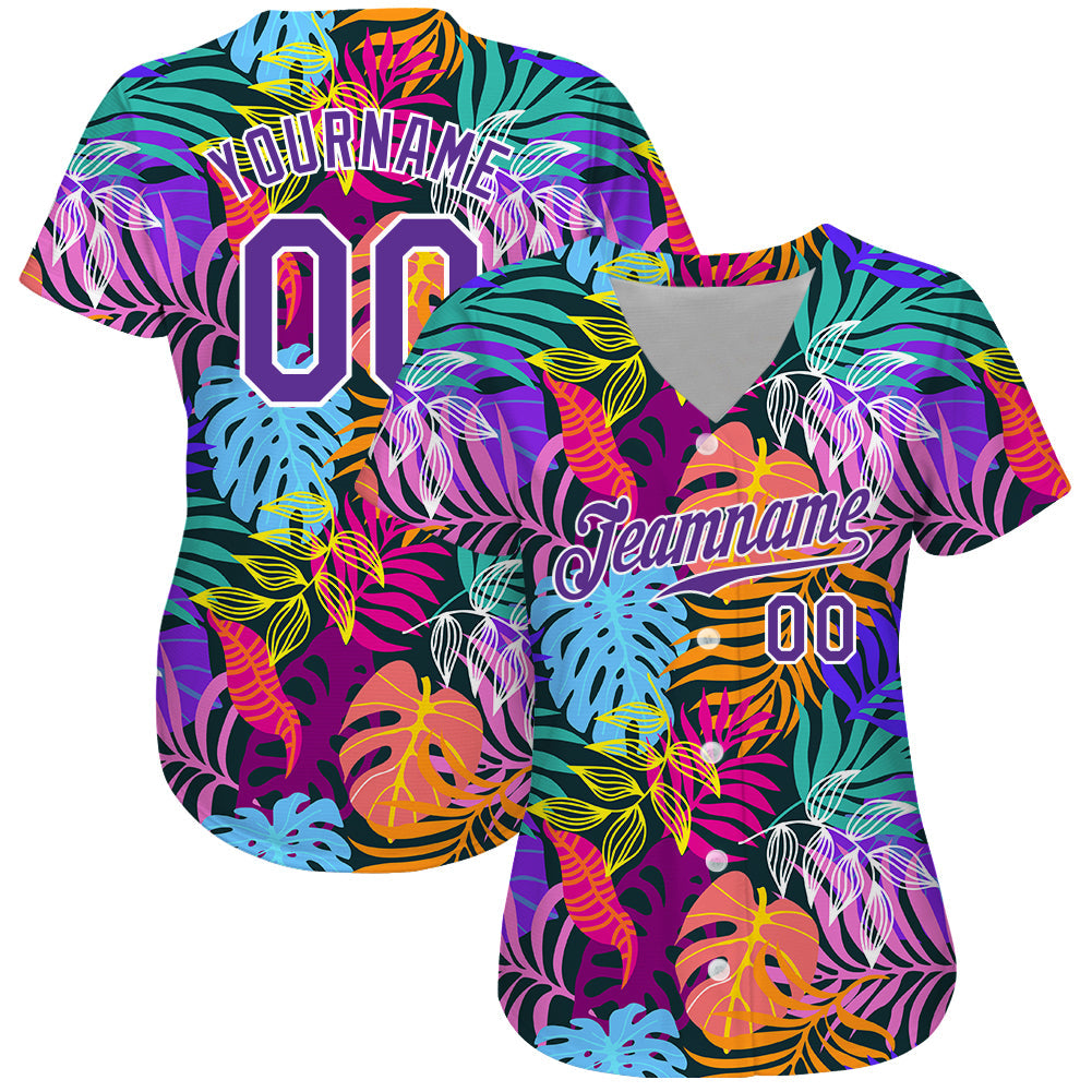 Custom White Purple-White 3D Pattern Design Hawaii Palm Trees Authentic Baseball Jersey view 3