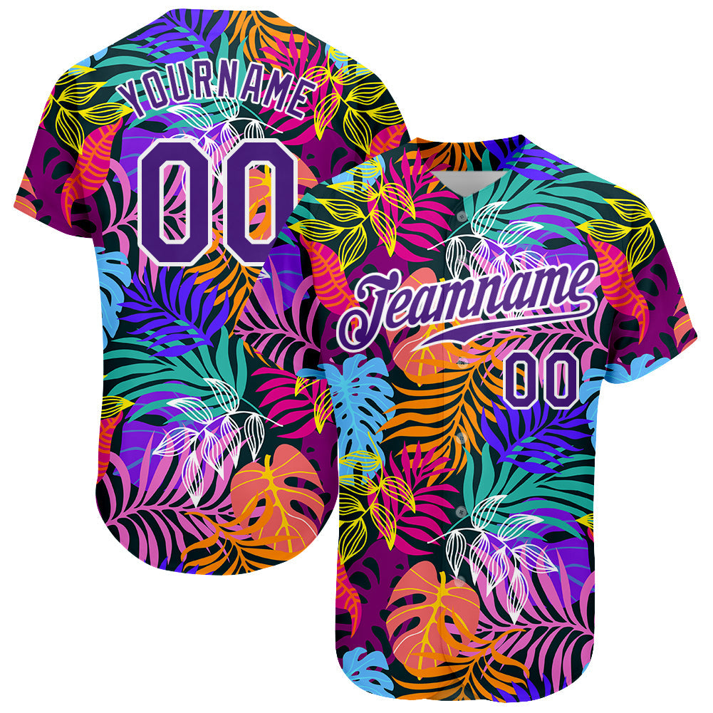 Custom White Purple-White 3D Pattern Design Hawaii Palm Trees Authentic Baseball Jersey - Main View