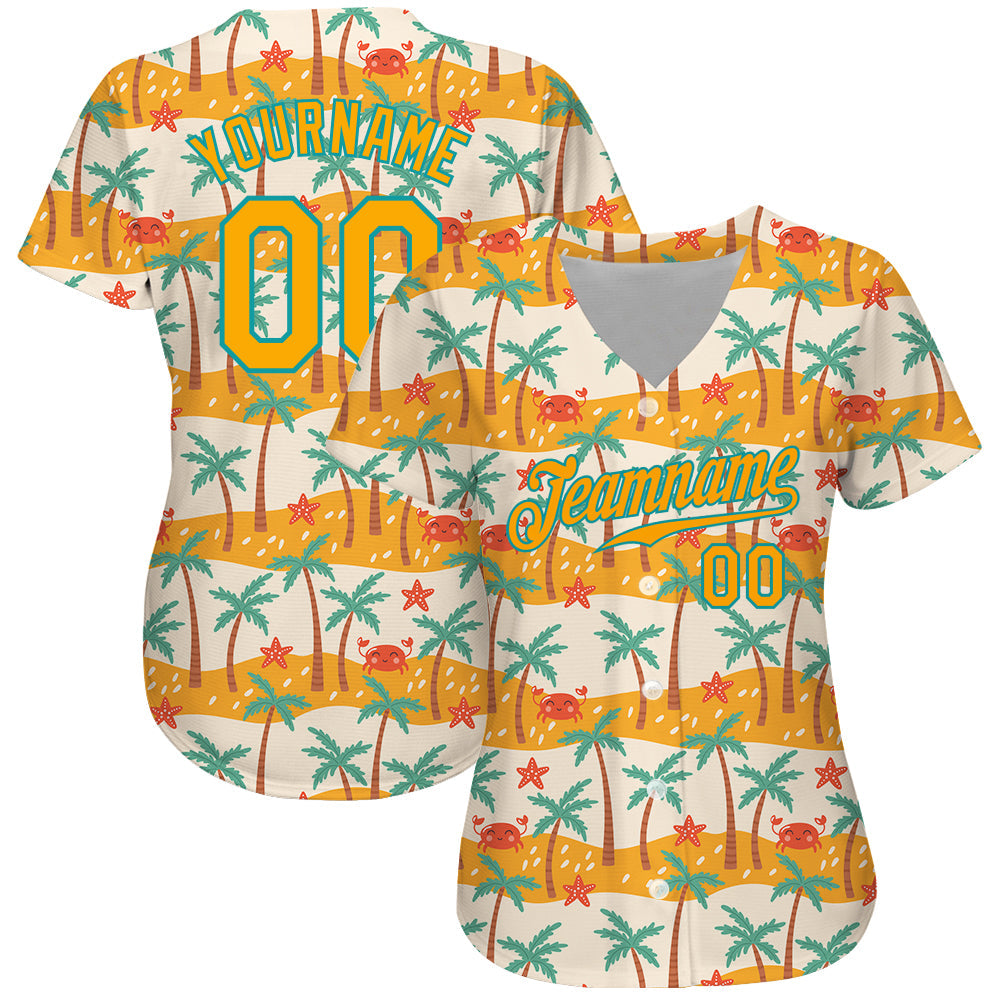 Custom White Gold-Teal 3D Pattern Design Hawaii Palm Trees Authentic Baseball Jersey view 2