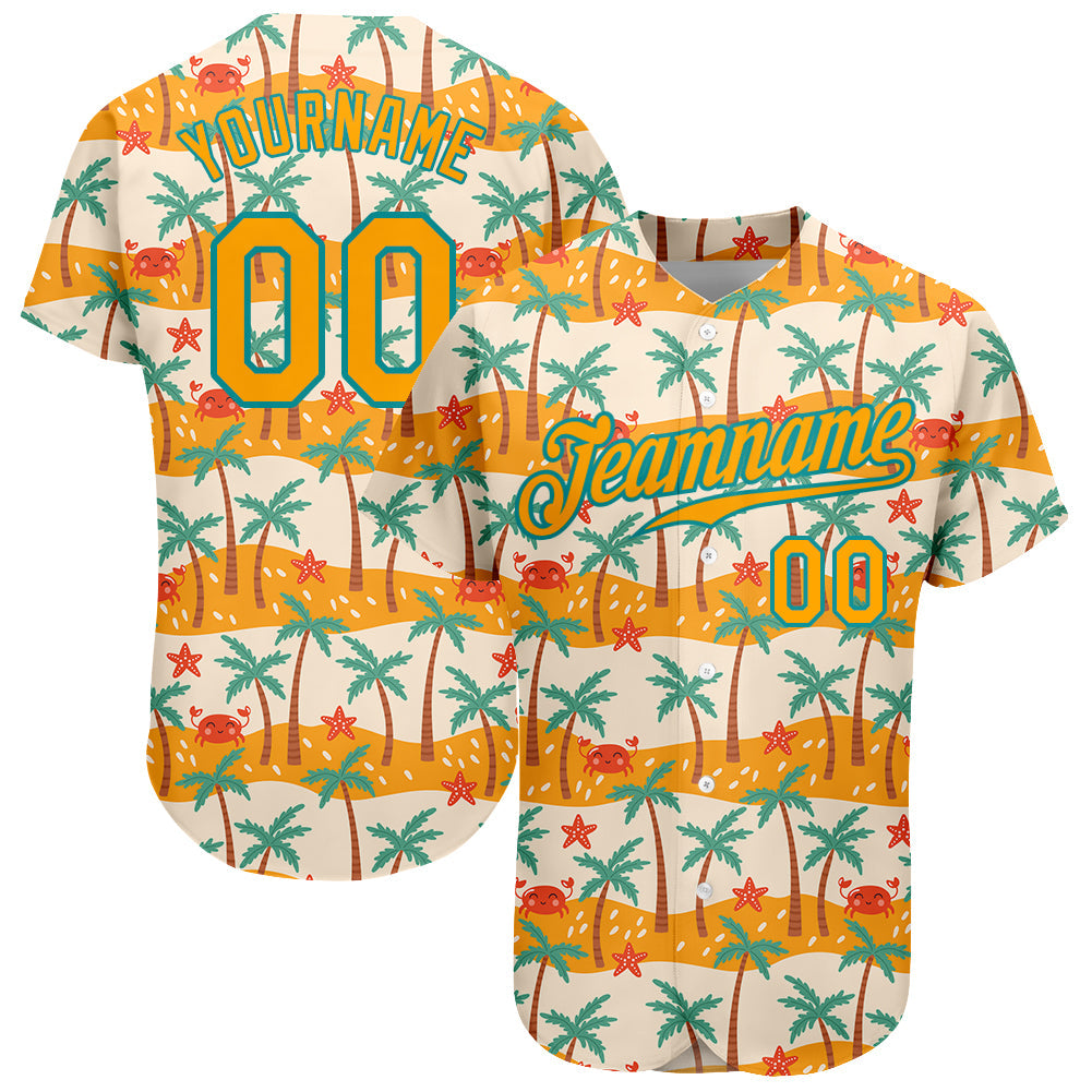 Custom White Gold-Teal 3D Pattern Design Hawaii Palm Trees Authentic Baseball Jersey - Main View
