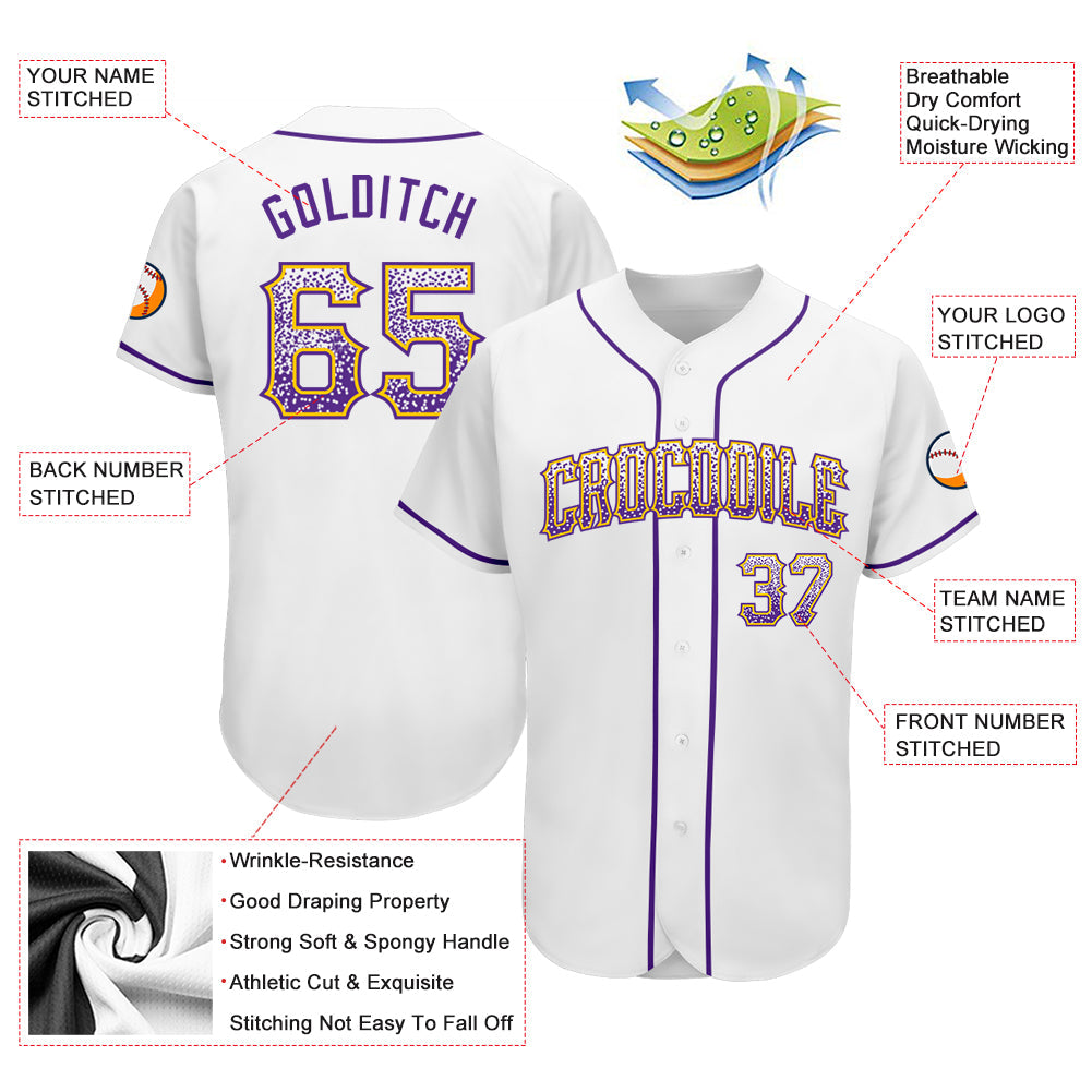 Custom White Purple-Gold Authentic Drift Fashion Baseball Jersey view 3