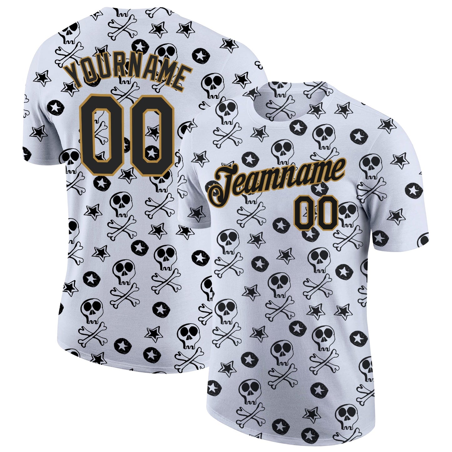 Custom White Black-Old Gold 3D Skull Fashion Performance T-Shirt - Main View
