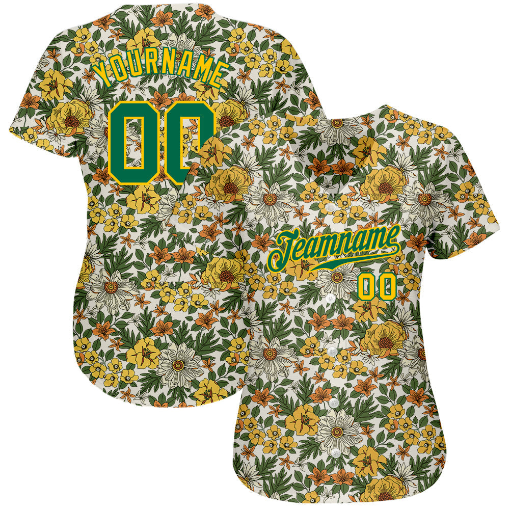 Custom White Kelly Green-Gold 3D Pattern Design Flowers Authentic Baseball Jersey view 2