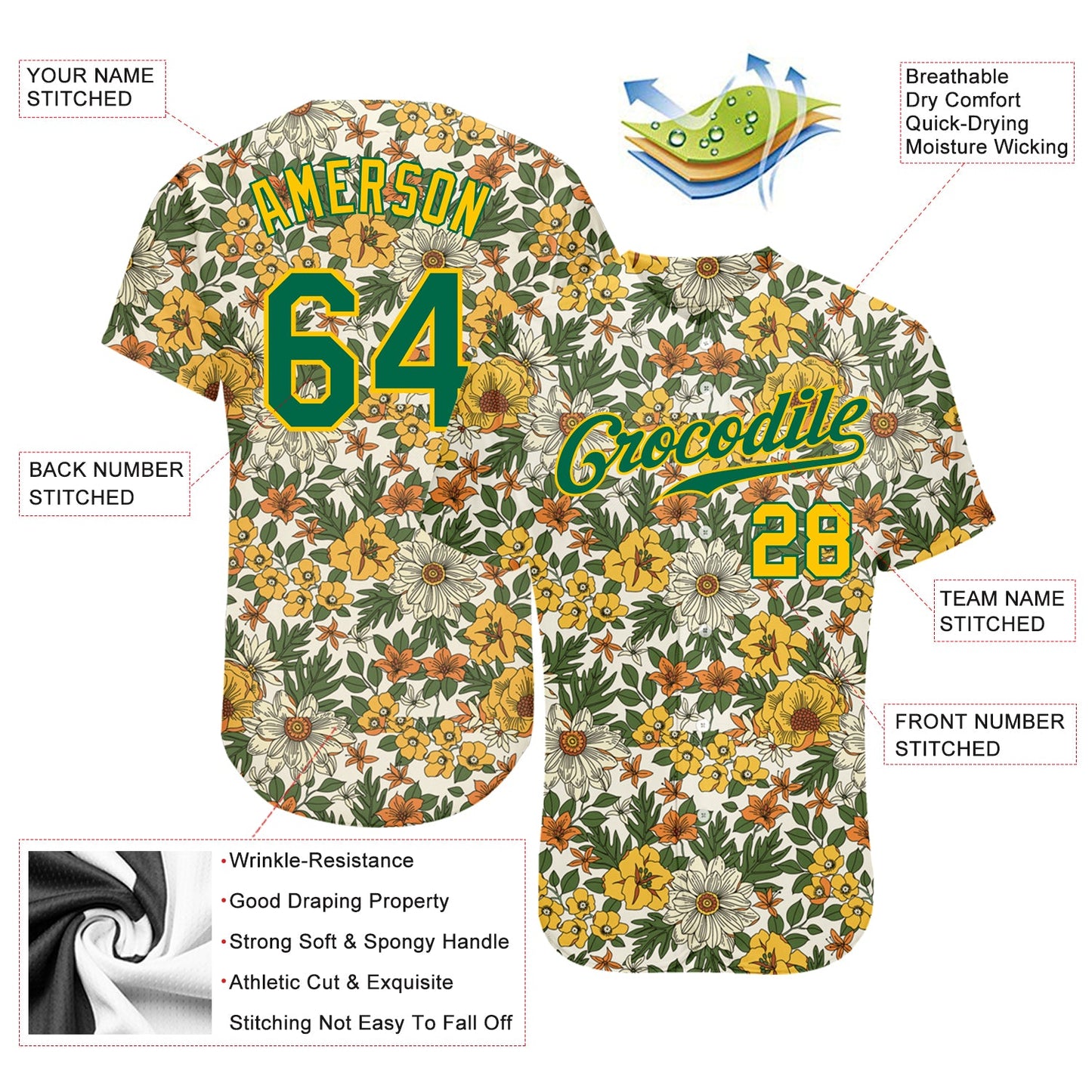 Custom White Kelly Green-Gold 3D Pattern Design Flowers Authentic Baseball Jersey view 3