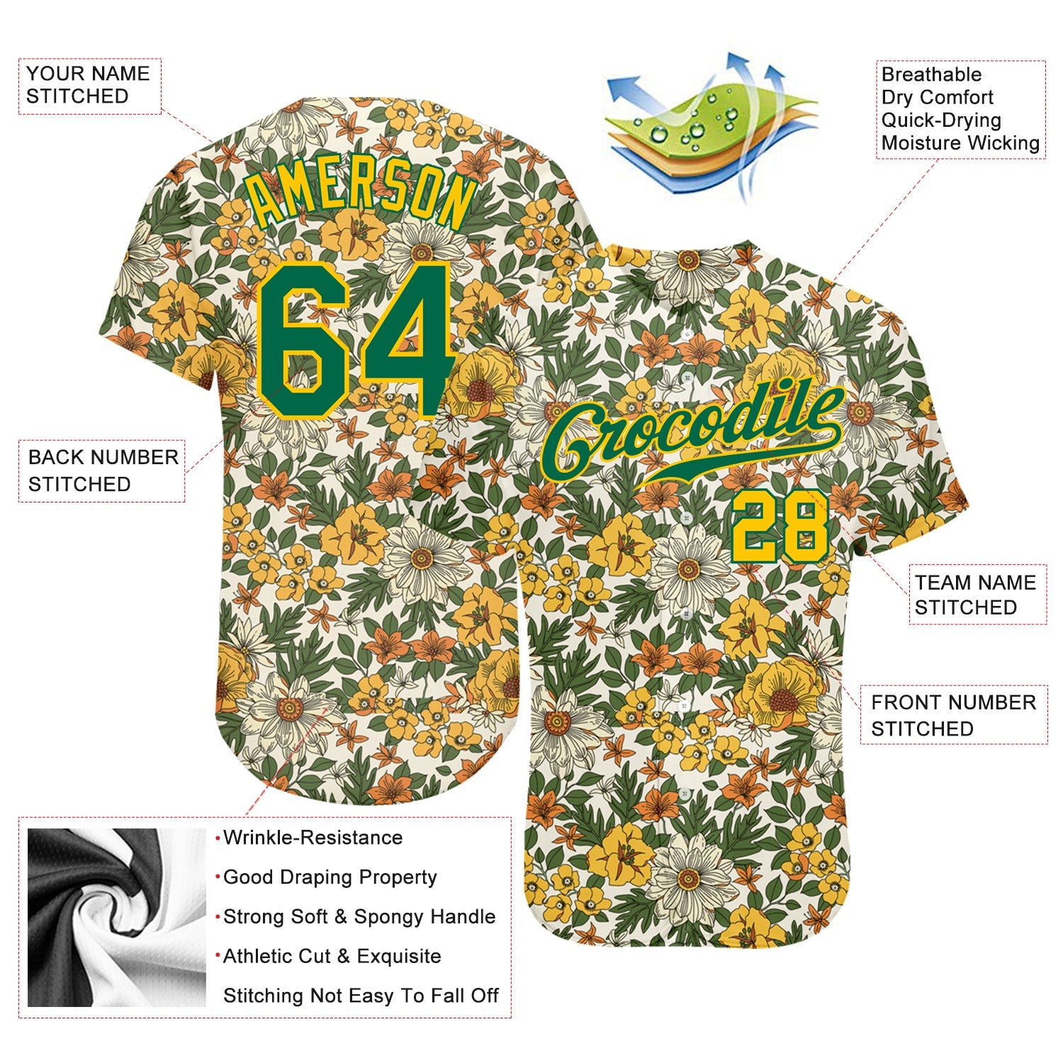 Custom White Kelly Green-Gold 3D Pattern Design Flowers Authentic Baseball Jersey view 3