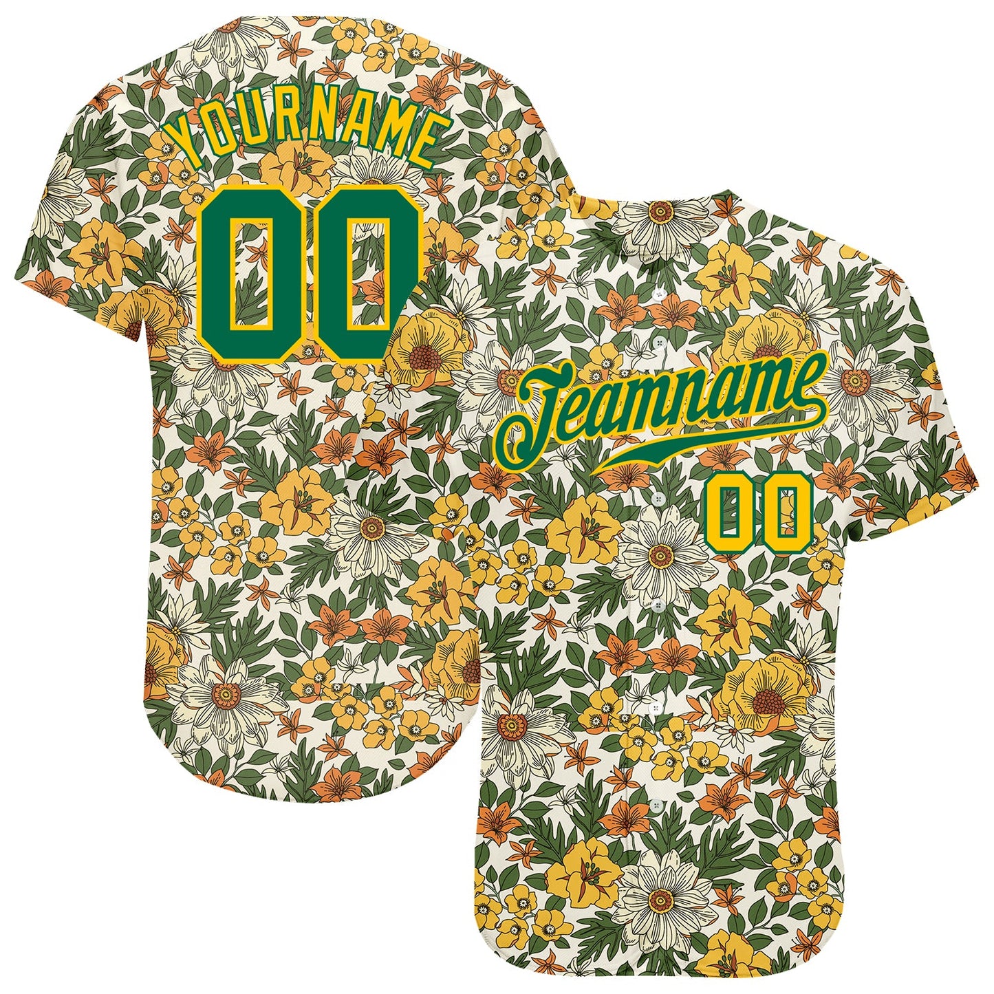 Custom White Kelly Green-Gold 3D Pattern Design Flowers Authentic Baseball Jersey - Main View