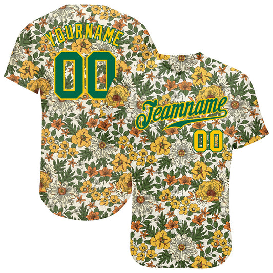 Custom White Kelly Green-Gold 3D Pattern Design Flowers Authentic Baseball Jersey - Main View