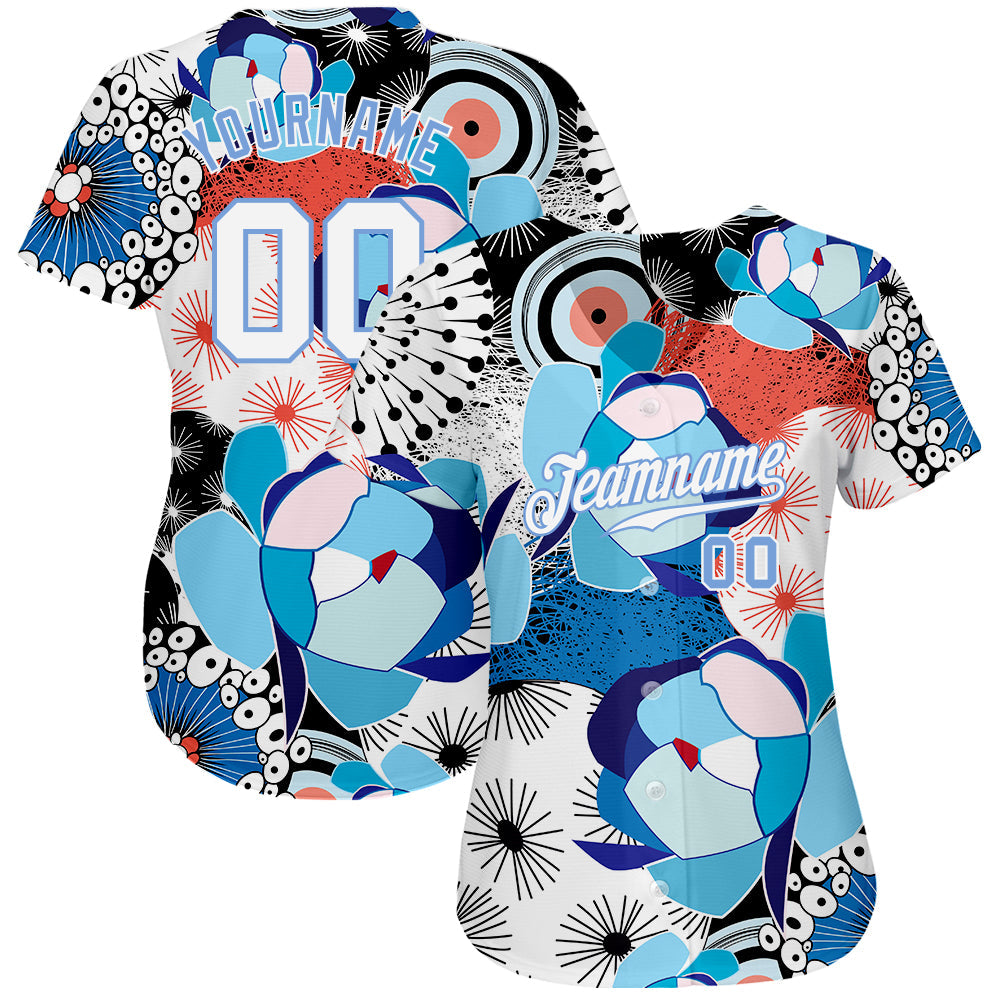 Custom White White-Light Blue 3D Pattern Design Flowers Authentic Baseball Jersey view 2