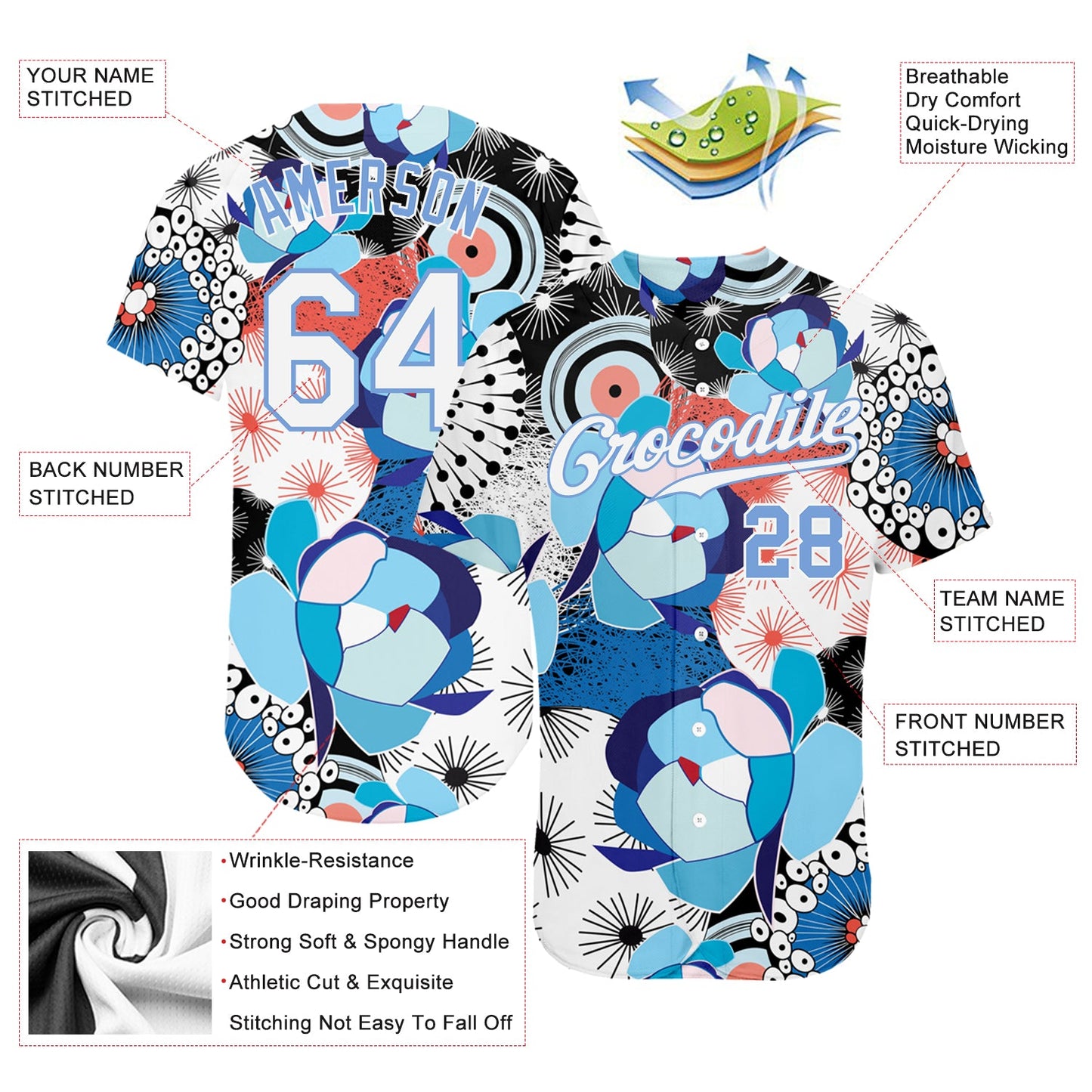 Custom White White-Light Blue 3D Pattern Design Flowers Authentic Baseball Jersey view 3