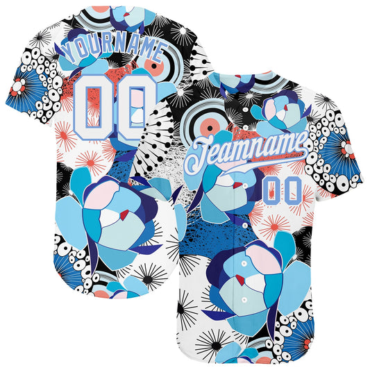 Custom White White-Light Blue 3D Pattern Design Flowers Authentic Baseball Jersey - Main View