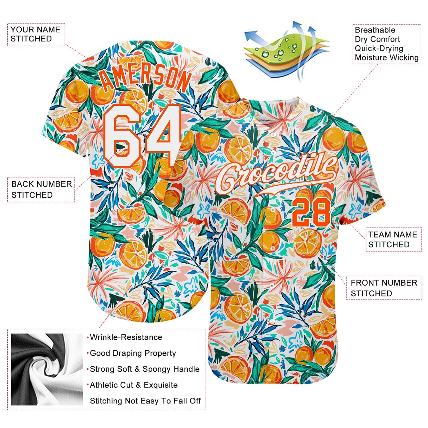 Custom White Orange 3D Pattern Design Fruit Authentic Baseball Jersey view 4