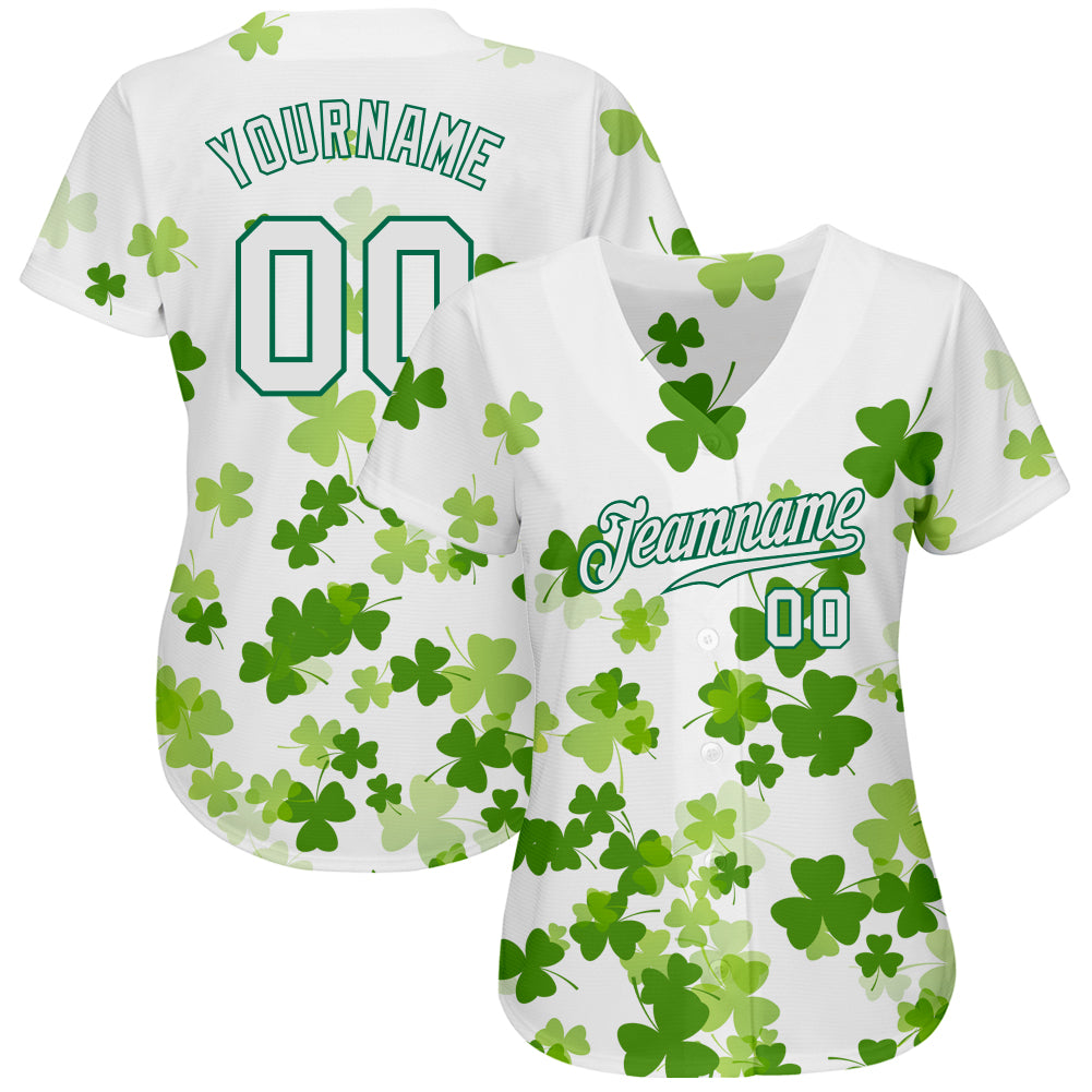 Custom White White-Kelly Green 3D Pattern Design Authentic St. Patrick's Day Baseball Jersey view 2