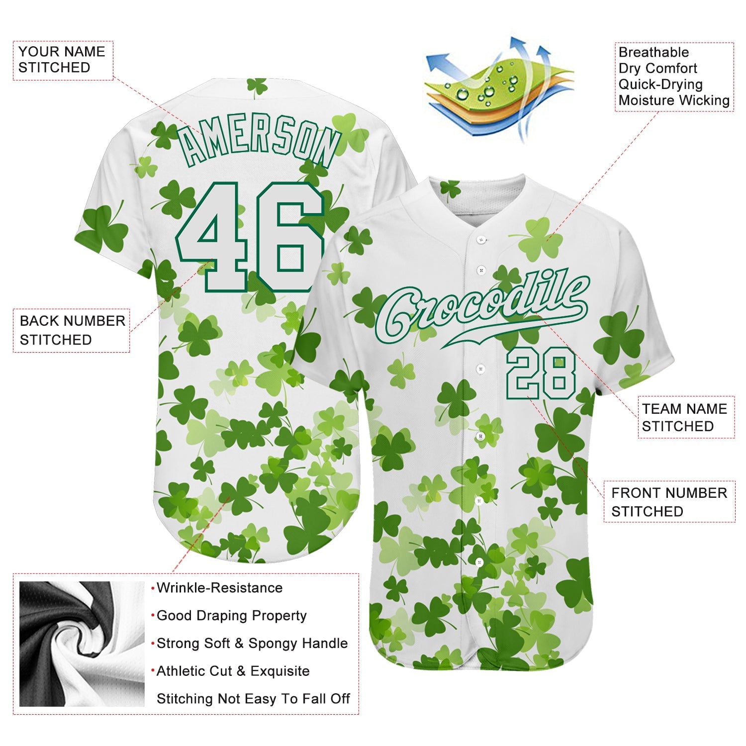 Custom White White-Kelly Green 3D Pattern Design Authentic St. Patrick's Day Baseball Jersey view 3