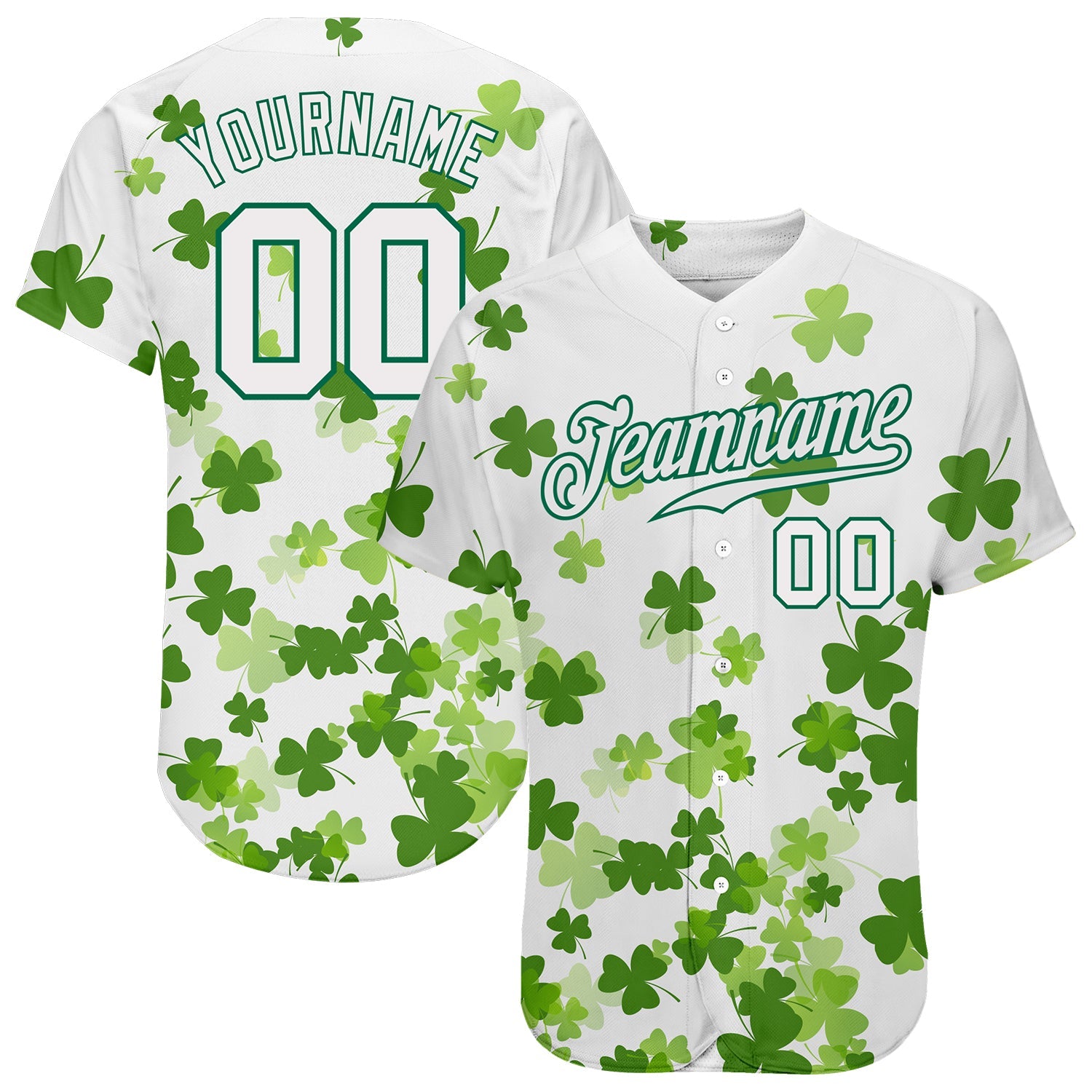 Custom White White-Kelly Green 3D Pattern Design Authentic St. Patrick's Day Baseball Jersey - Main View