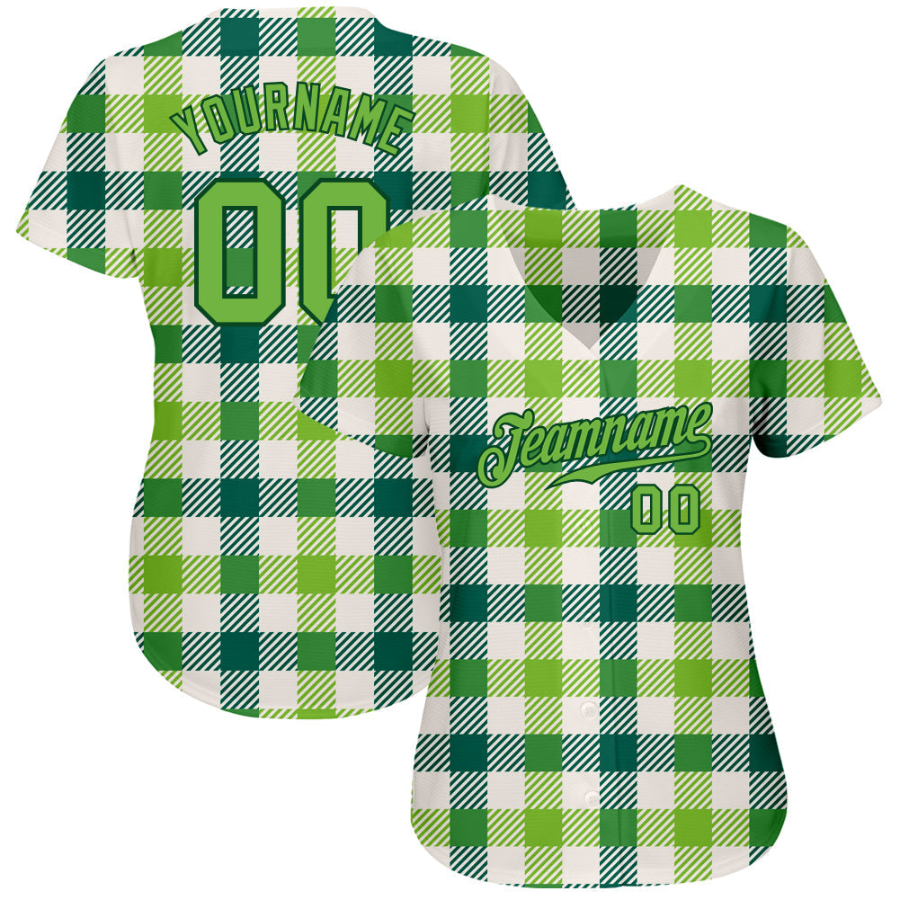 Custom White Neon Green-Green 3D Pattern Design Authentic St. Patrick's Day Baseball Jersey view 2