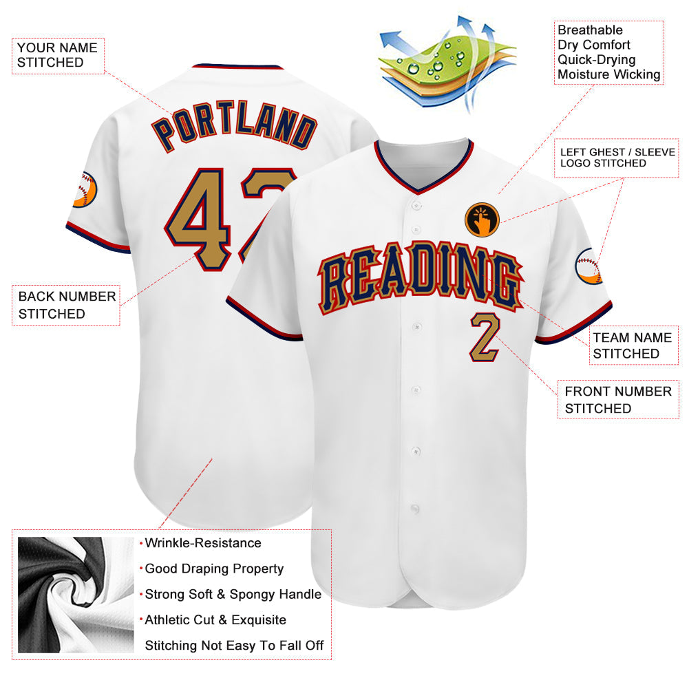 Custom White Old Gold-Navy Authentic Baseball Jersey view 3