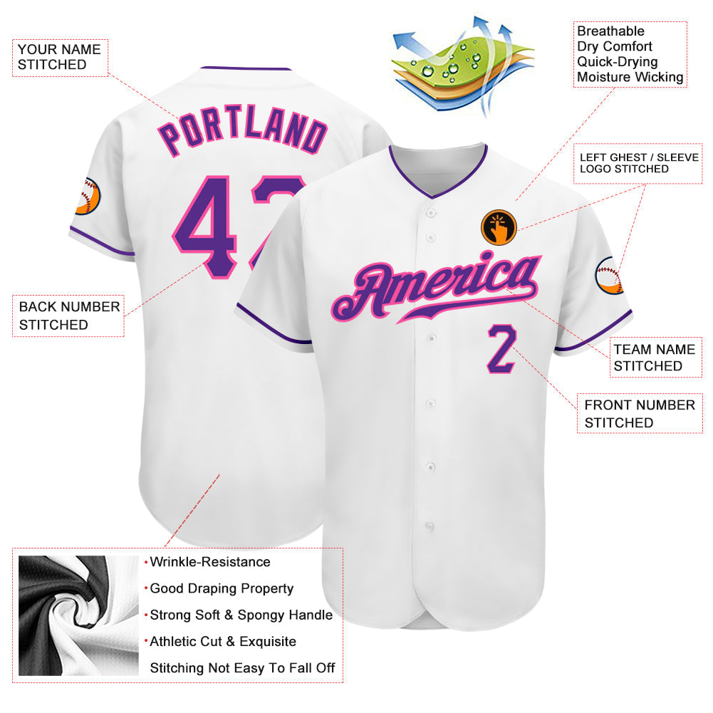 Custom White Purple-Pink Authentic Baseball Jersey view 3