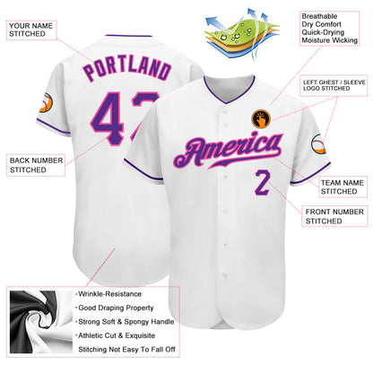 Custom White Purple-Pink Authentic Baseball Jersey view 3