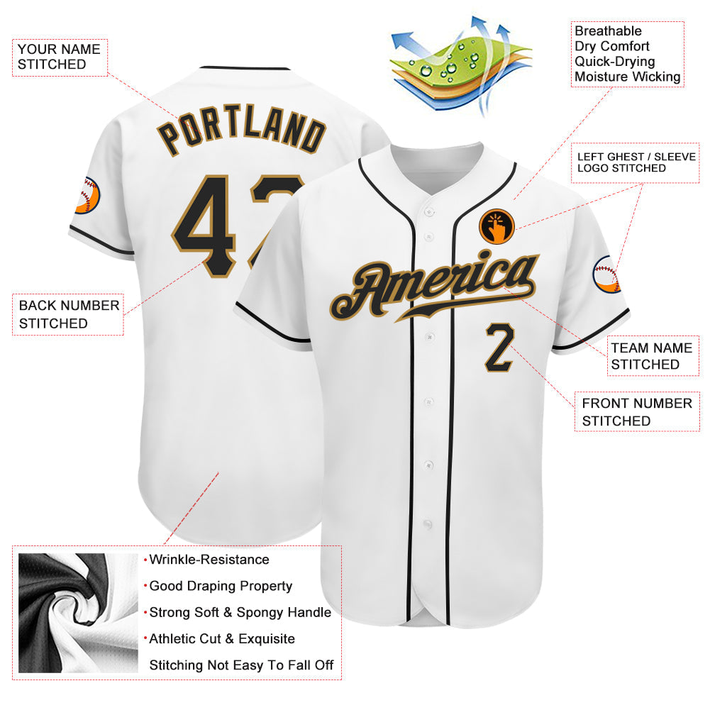 Custom White Black-Old Gold Authentic Baseball Jersey view 3