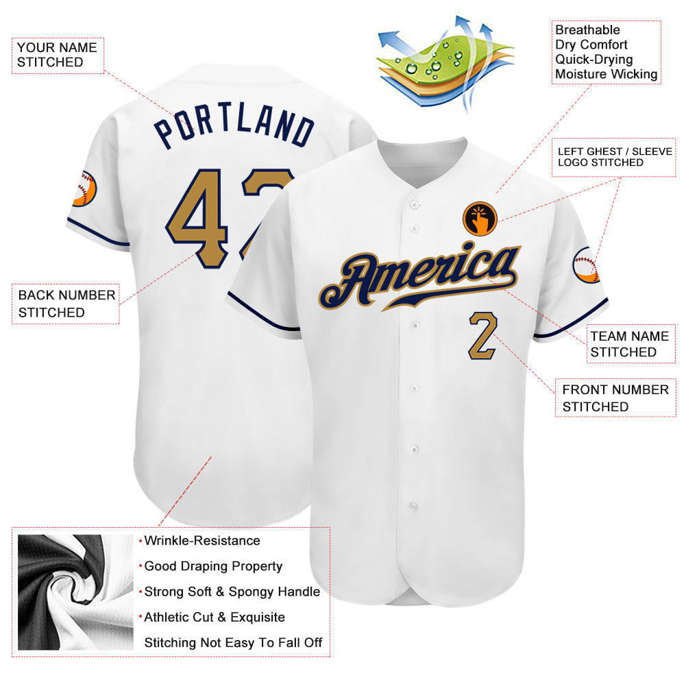 Custom White Old Gold-Navy Authentic Baseball Jersey view 3