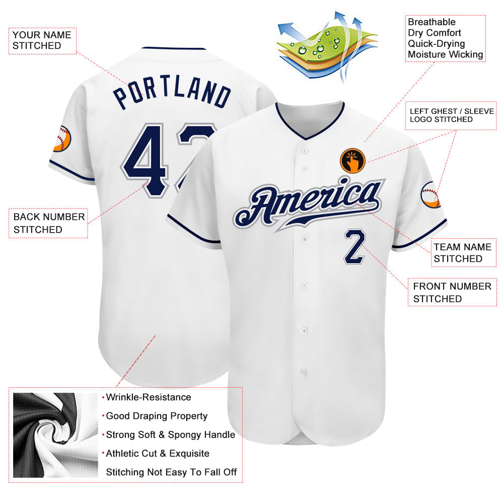 Custom White Navy-Gray Authentic Baseball Jersey view 3