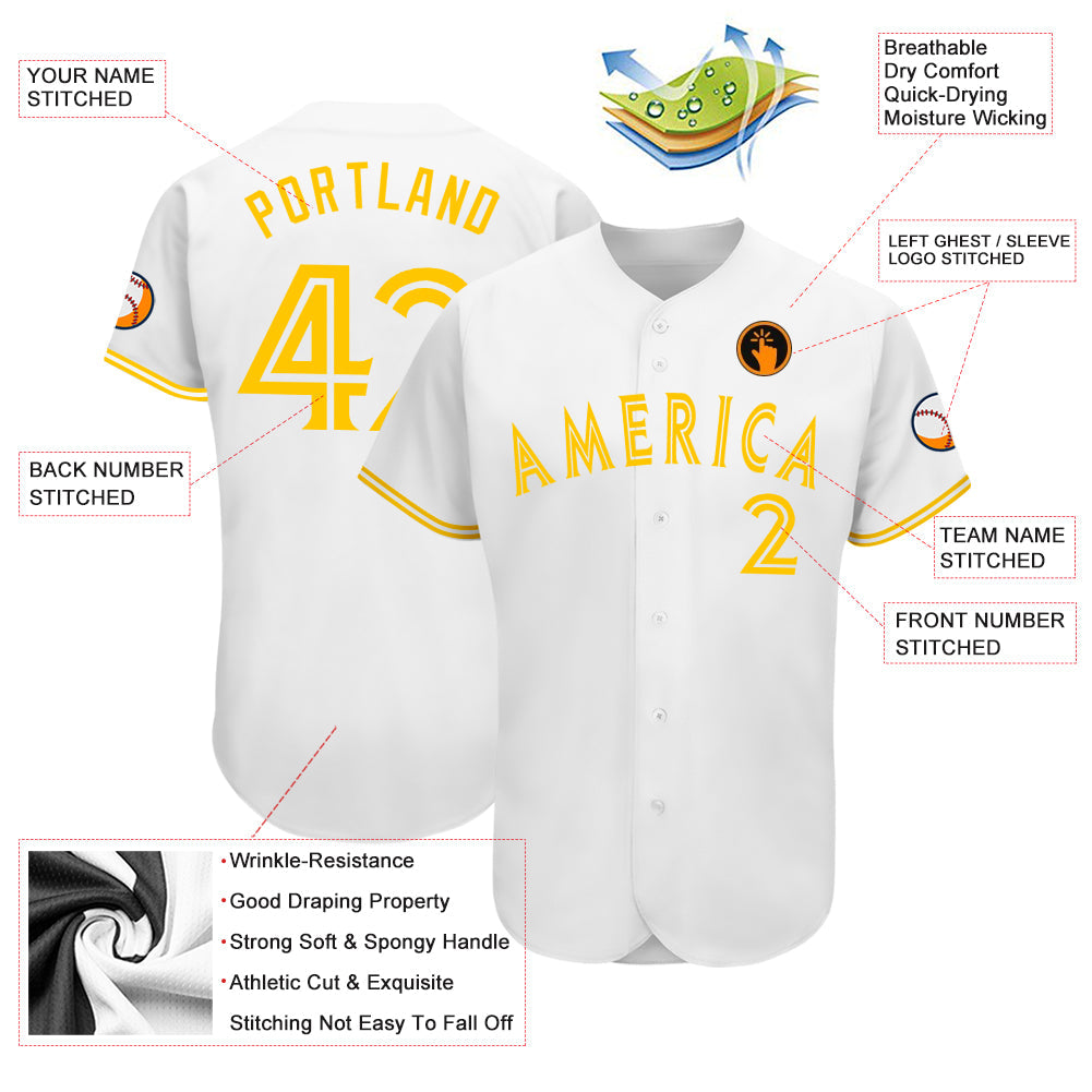 Custom White White-Gold Authentic Baseball Jersey view 3