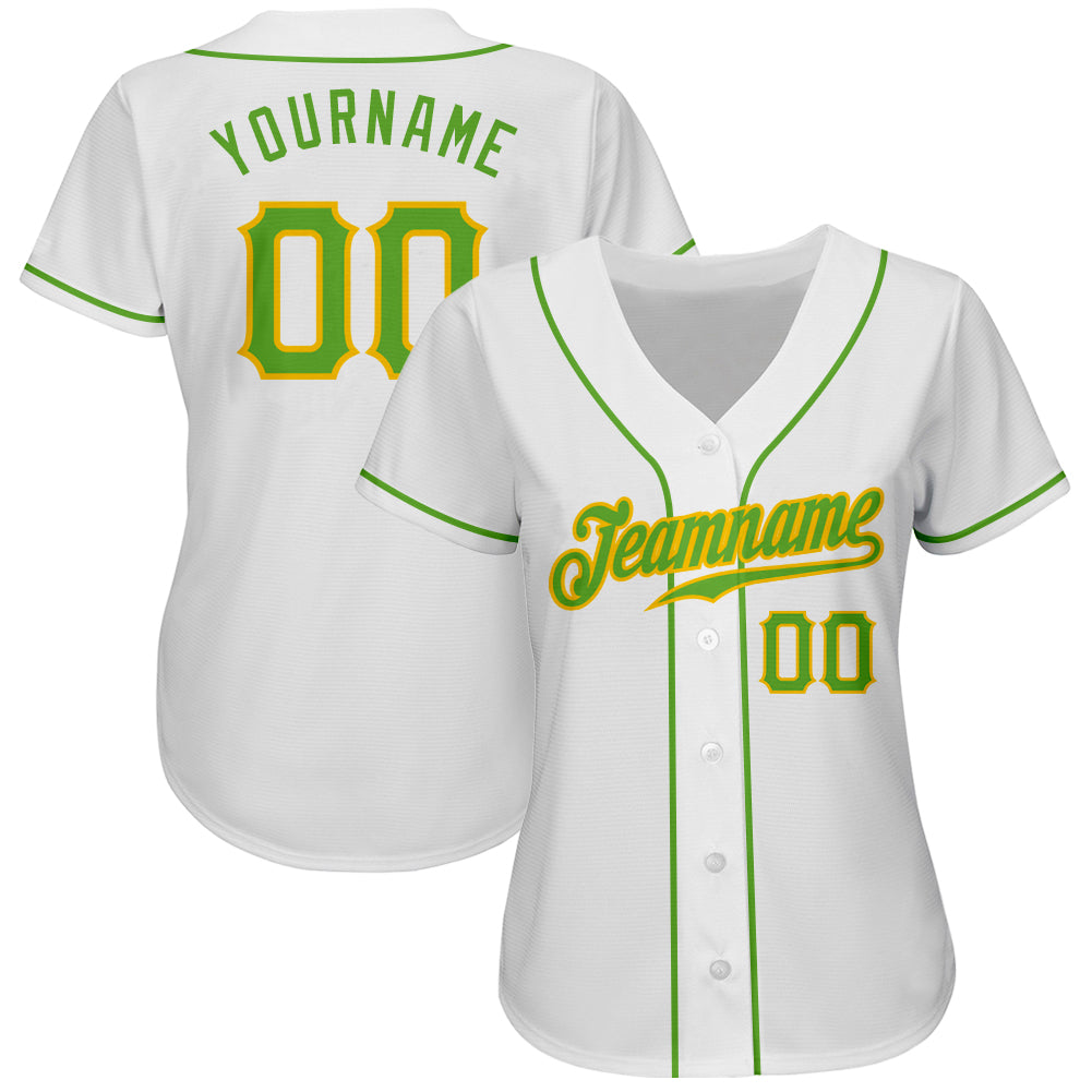 Custom White Neon Green-Gold Authentic Baseball Jersey view 2