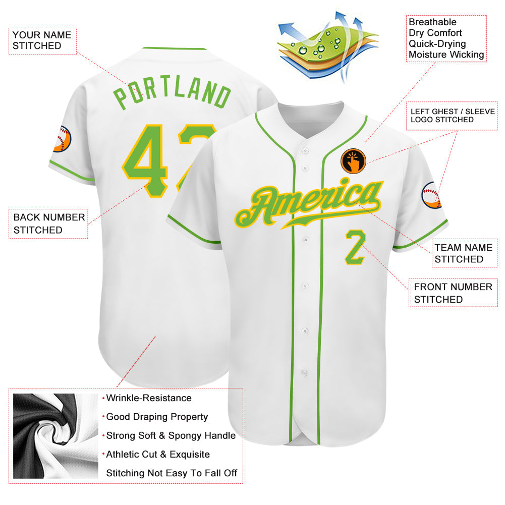 Custom White Neon Green-Gold Authentic Baseball Jersey view 3