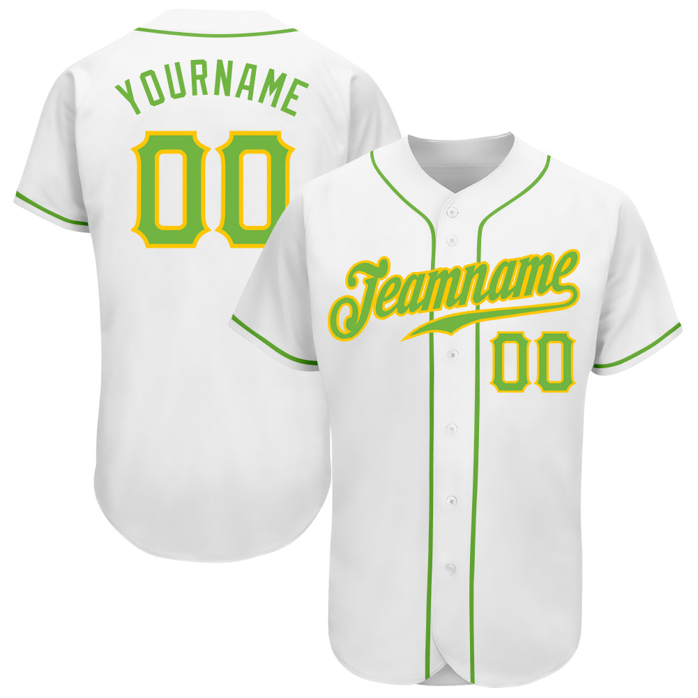 Custom White Neon Green-Gold Authentic Baseball Jersey - Main View