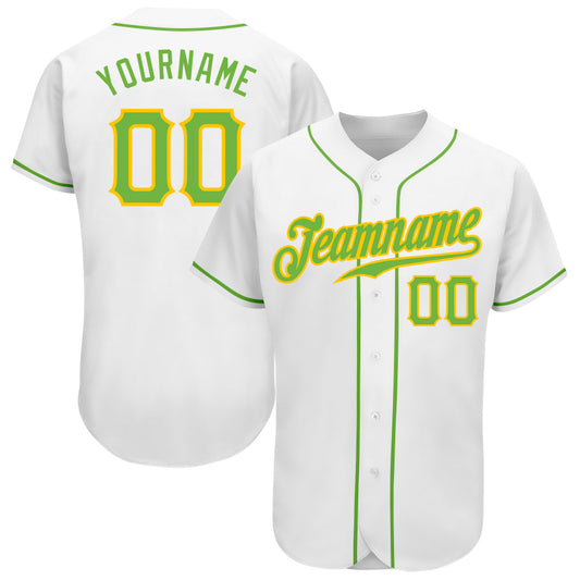 Custom White Neon Green-Gold Authentic Baseball Jersey - Main View