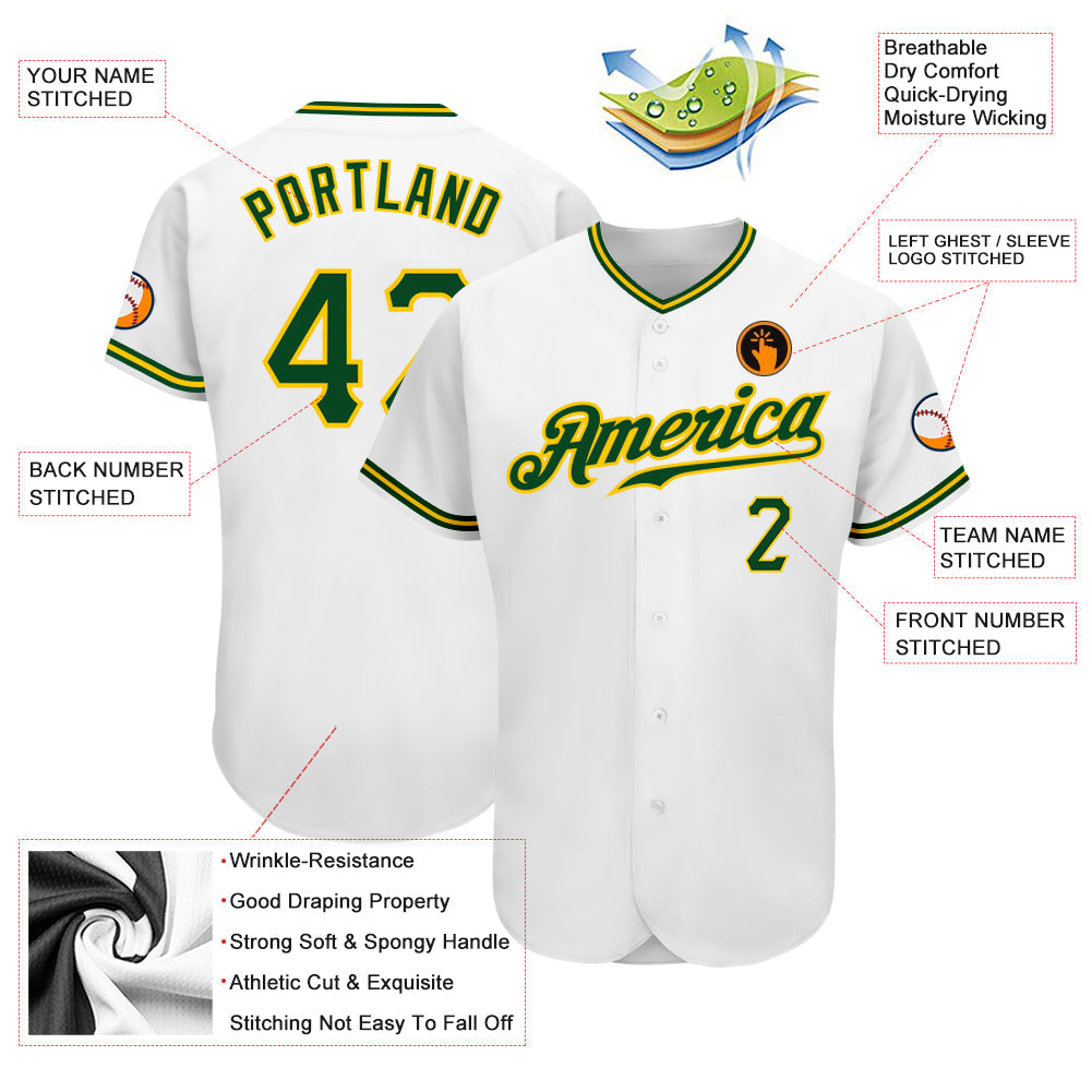 Custom White Green-Gold Authentic Baseball Jersey view 3