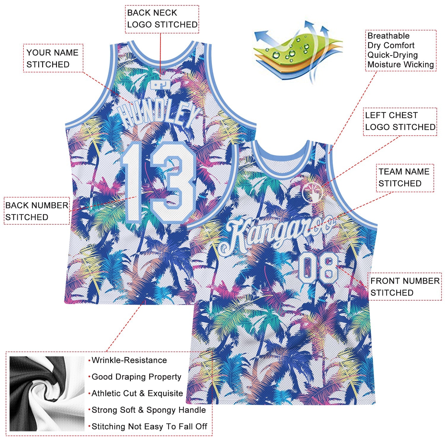 Custom White White-Light Blue 3D Pattern Hawaii Palm Trees Authentic Basketball Jersey view 2