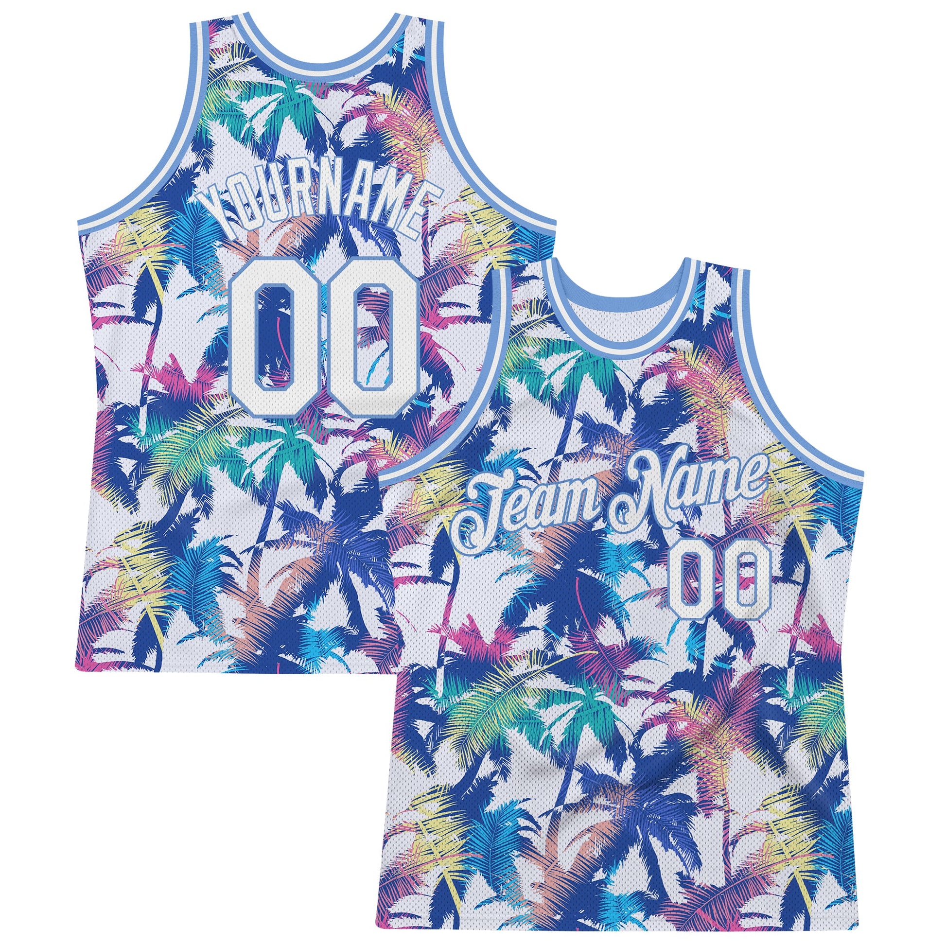 Custom White White-Light Blue 3D Pattern Hawaii Palm Trees Authentic Basketball Jersey - Main View