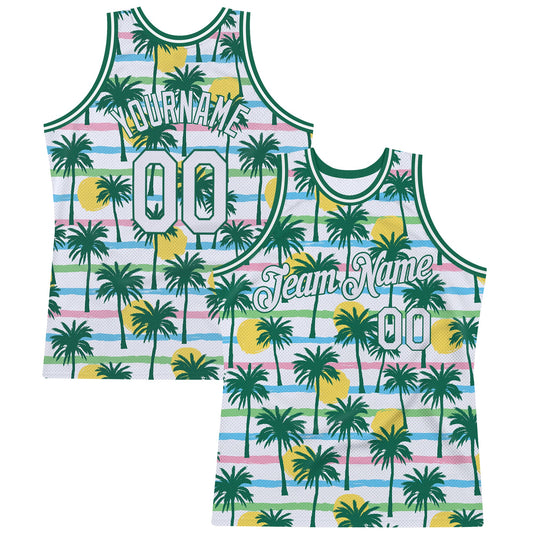 Custom White White-Kelly Green 3D Pattern Hawaii Palm Trees Authentic Basketball Jersey - Main View