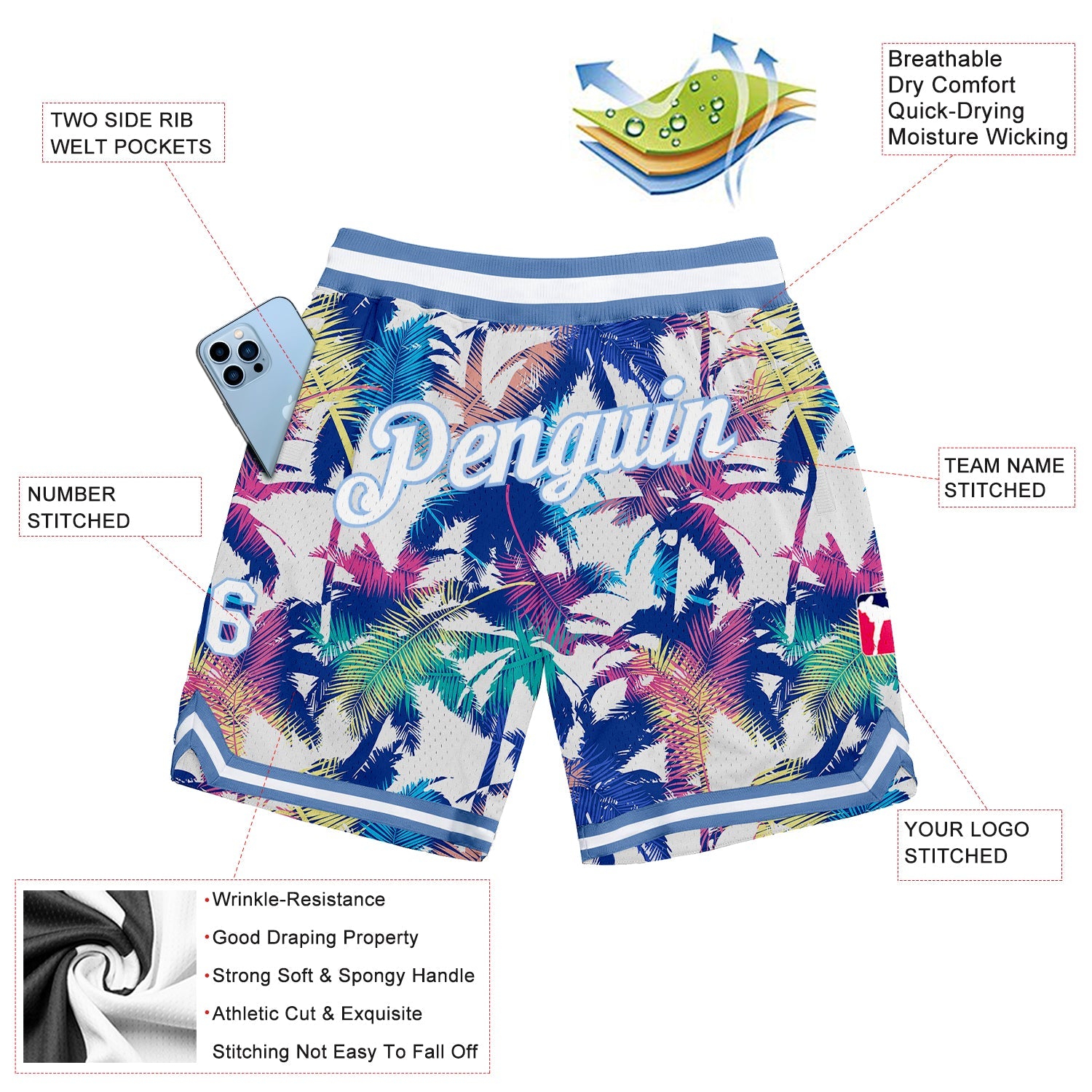 Custom White White-Light Blue 3D Pattern Design Palm Trees Authentic Basketball Shorts view 2