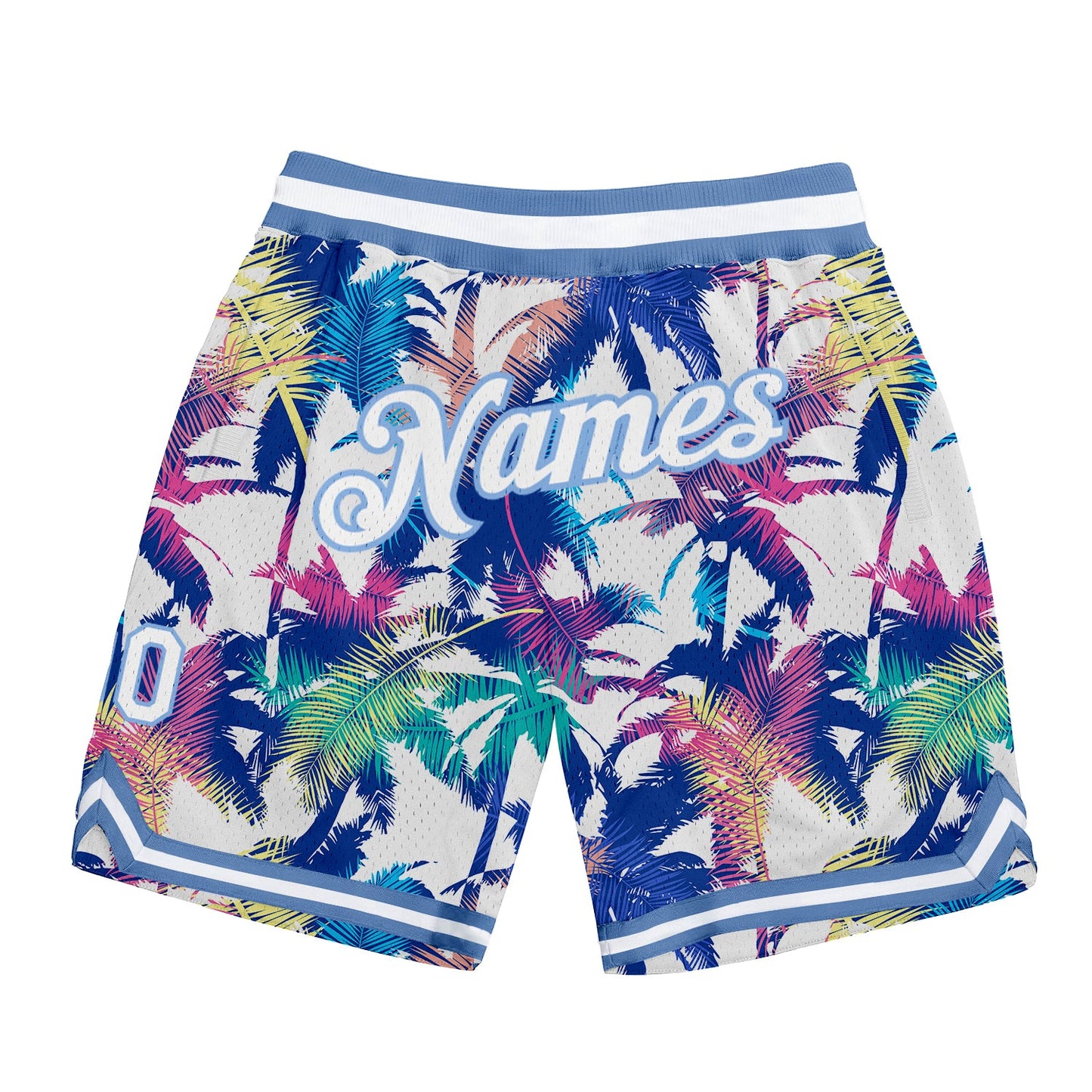 Custom White White-Light Blue 3D Pattern Design Palm Trees Authentic Basketball Shorts - Main View