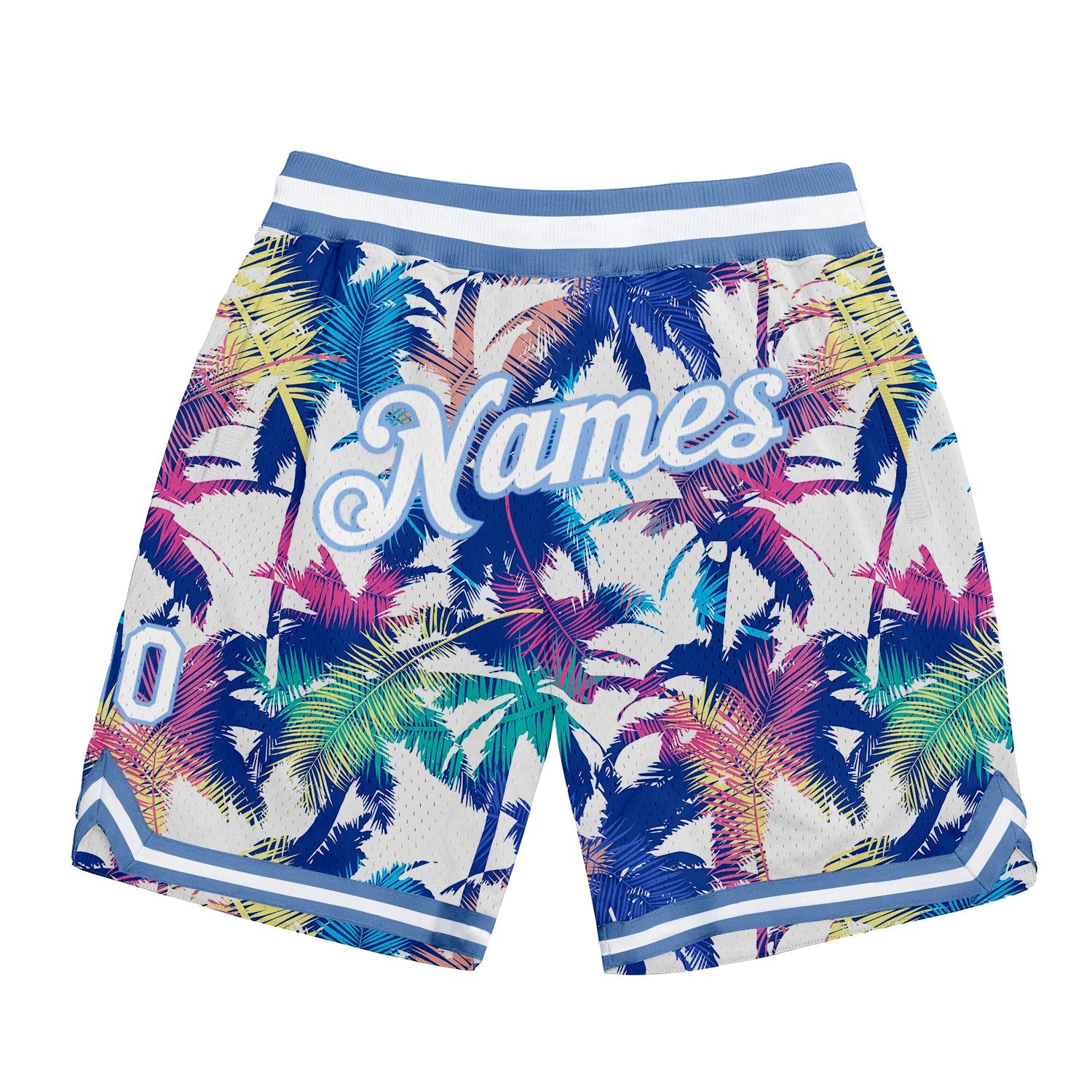Custom White White-Light Blue 3D Pattern Design Palm Trees Authentic Basketball Shorts - Main View