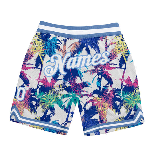 Custom White White-Light Blue 3D Pattern Design Palm Trees Authentic Basketball Shorts - Main View