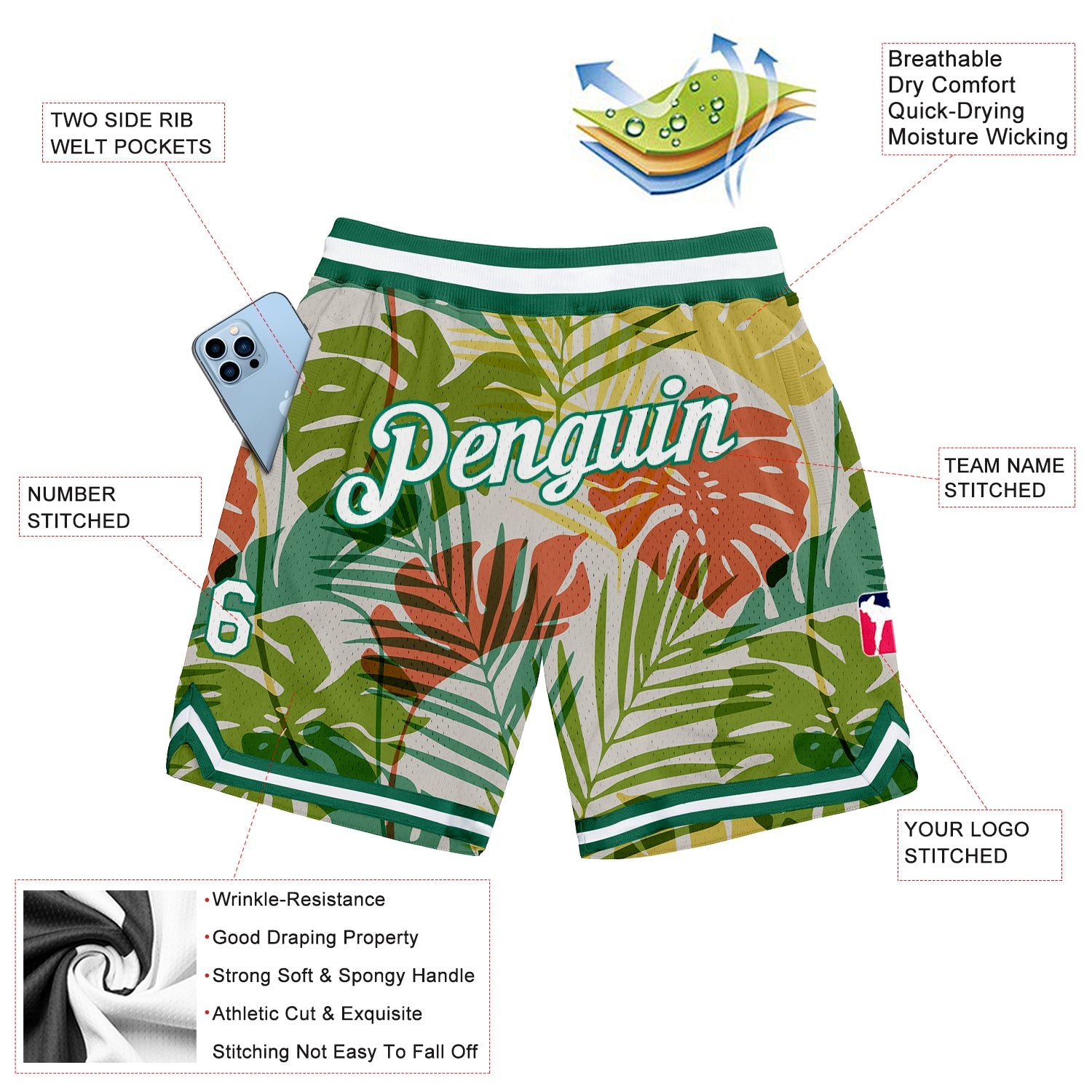 Custom White White-Kelly Green 3D Pattern Design Palm Trees Authentic Basketball Shorts view 2