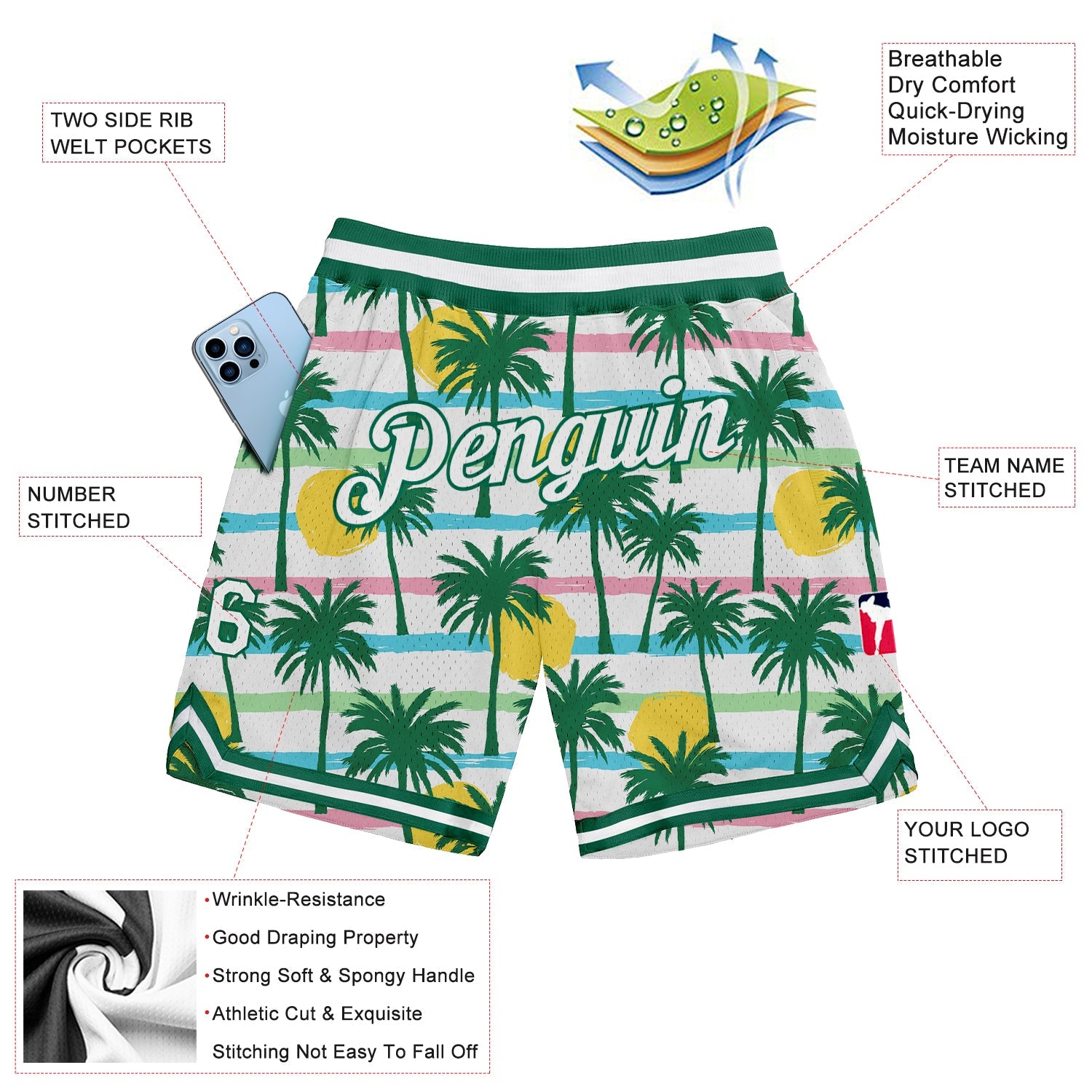 Custom White White-Kelly Green 3D Pattern Design Palm Trees Authentic Basketball Shorts view 2