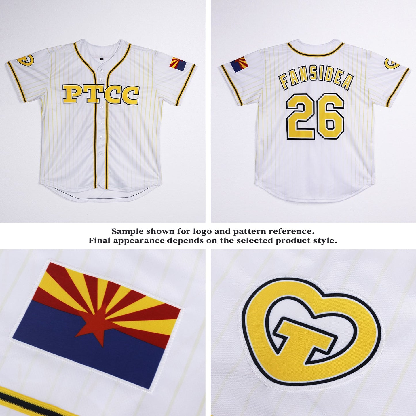Custom White Pinstripe Gold-Black PTCC Bomber Full-Snap Varsity Letterman Jacket view 3