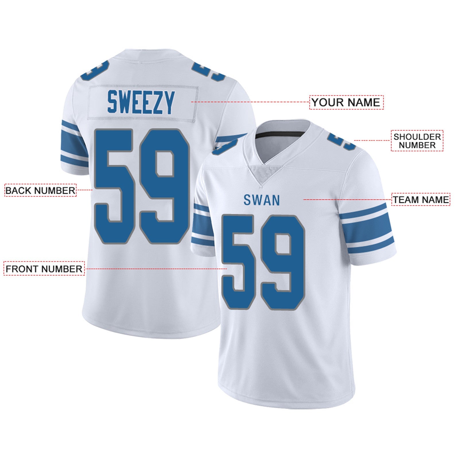 Custom D.Lions Football Jersey Team Player or Personalized Design Your Own Name for Men's Women's Youth Jerseys Blue view 5
